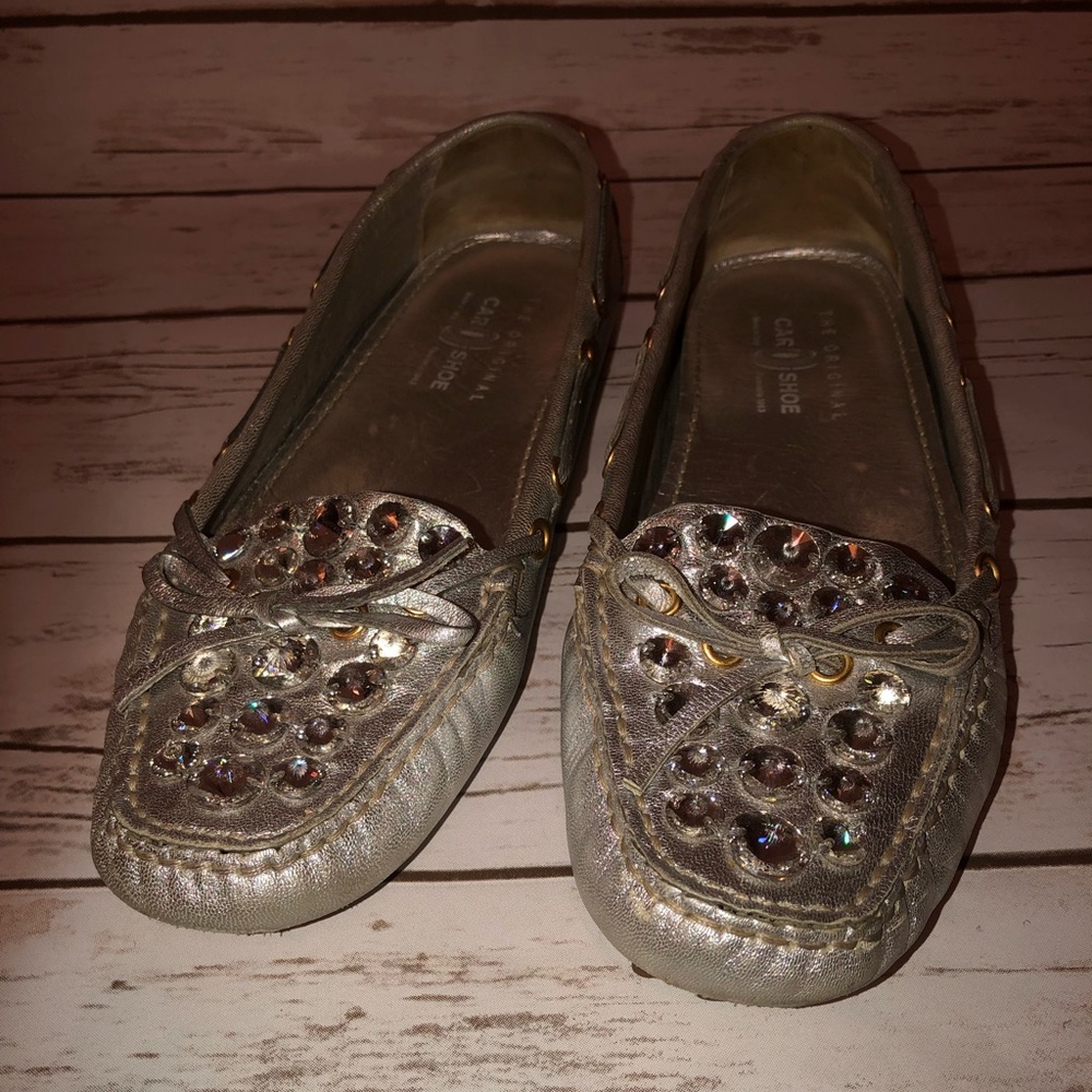 Car Shoe Silver Leather Rhinestone Driver Moccasin